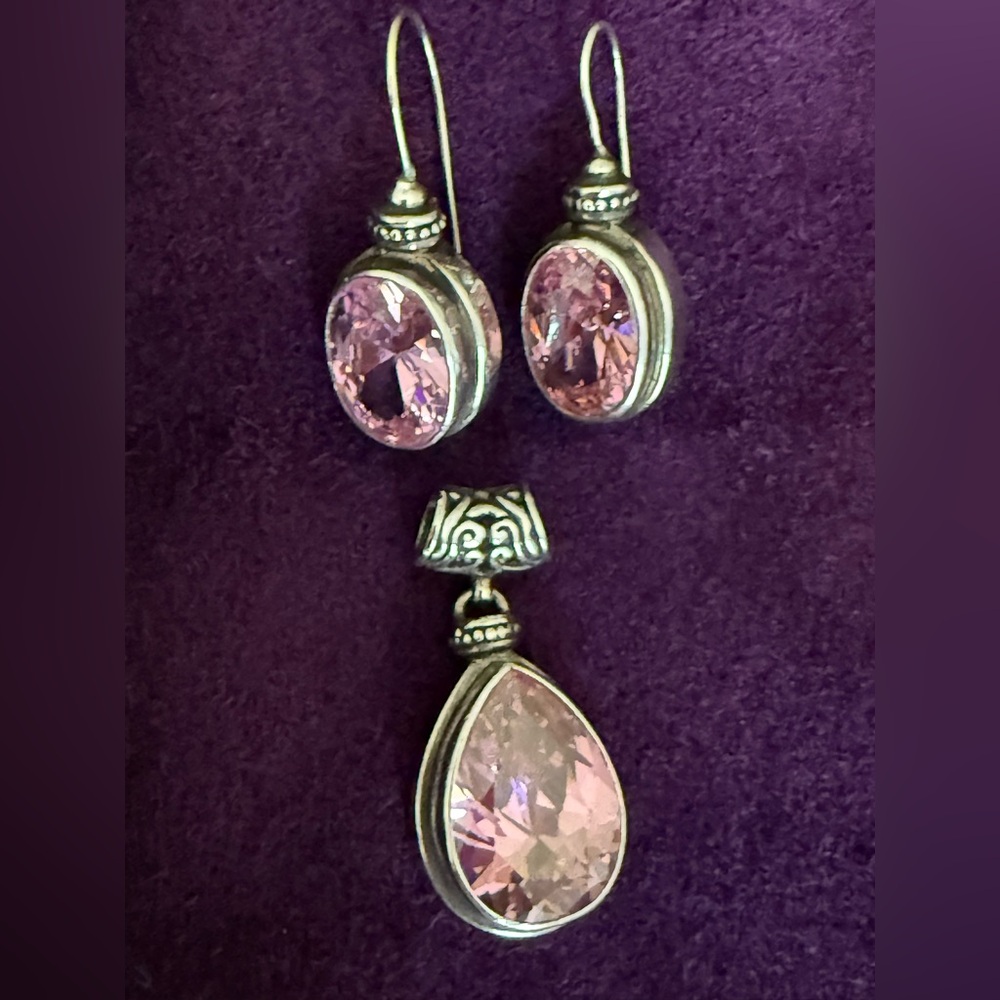 Pink and Silver Vintage Dangle Earrings & Pendant